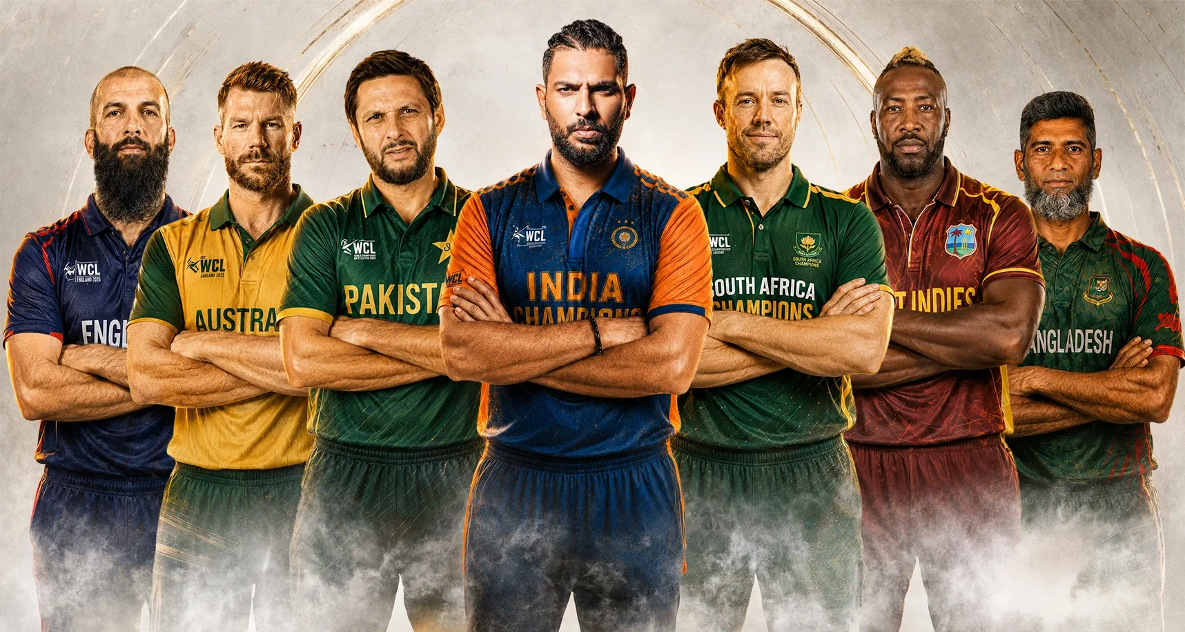 Seven World Championship of Legends players side by side with arms folded, in the team kits of England, Australia, Pakistan, India, South Africa, West Indies and Bangladesh.